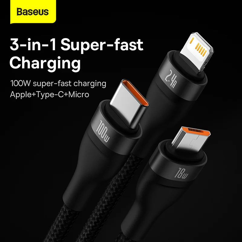 Baseus 3-in-1 100W Fast Charging Cable (USB to M+L+C)
