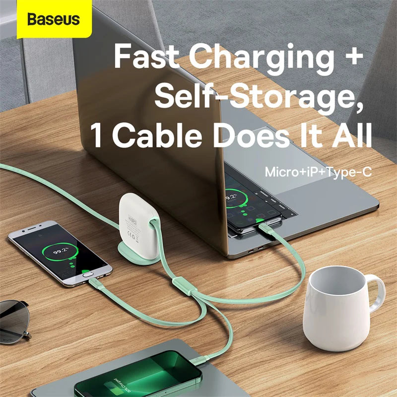 Baseus Traction Series Retractable 3-in-1 Fast Charging Cable (Type-C to M+L+C)
