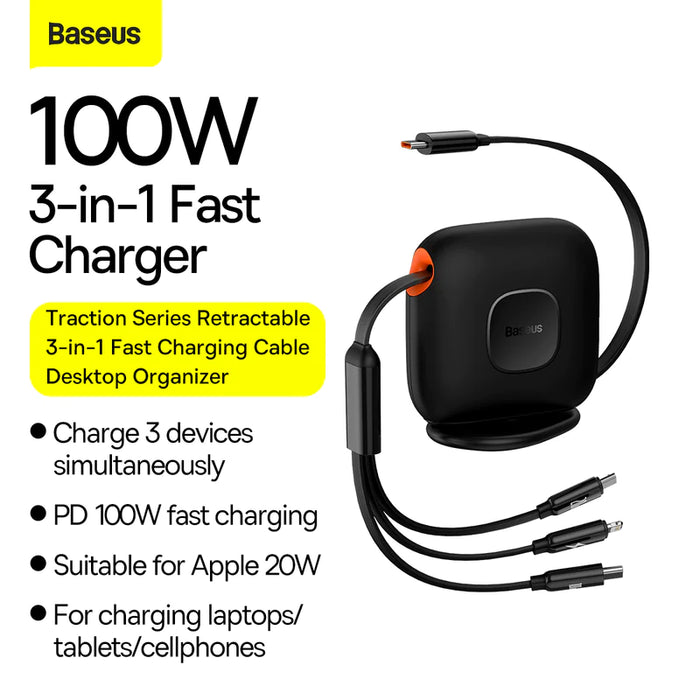 Baseus Traction Series Retractable 3-in-1 Fast Charging Cable (Type-C to M+L+C)