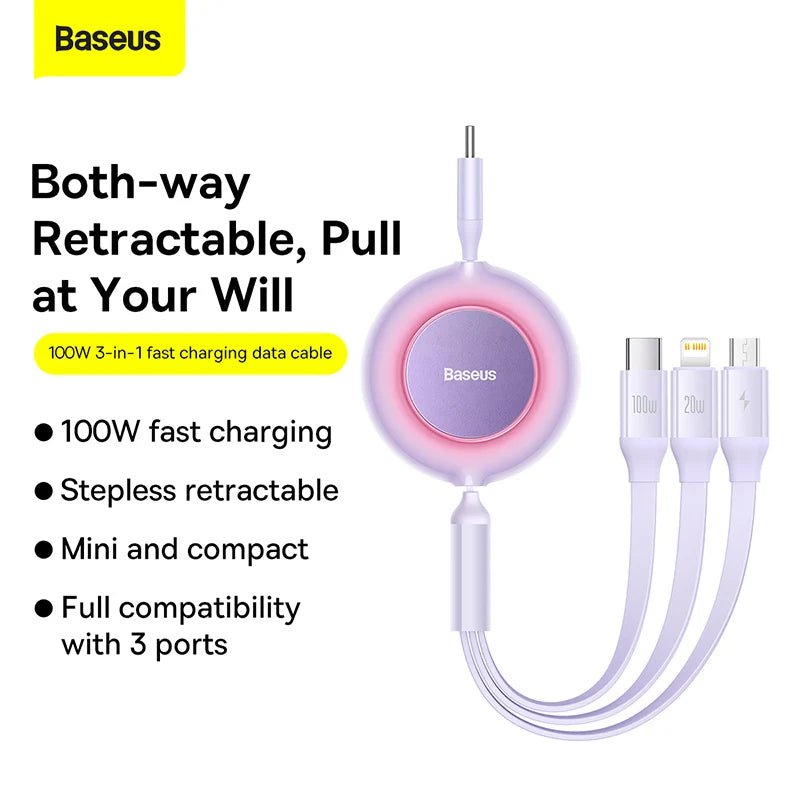 Baseus Retractable 3-in-1 Fast Charging Cable (Type-C to M+L+C)